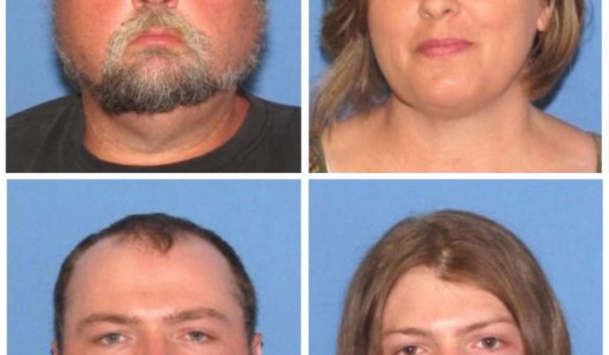FILE - These undated file images released by the Ohio Attorney General's office, show, top row from left, George "Billy" Wagner III and Angela Wagner, and bottom row from left, George Wagner IV and Edward "Jake" Wagner. The four members of the Wagner family were charged in the 2016 slayings of eight members of the Rhoden family in rural Ohio. Tony Rhoden Sr., a man who lost several relatives in the mass slaying, has filed a wrongful death lawsuit against the four suspects in the killings. (Ohio Attorney General's office via AP, File)