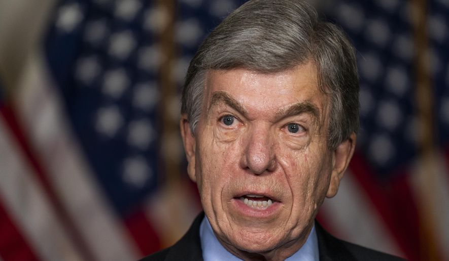 Sen. Roy Blunt, R-Mo., speaks to reporters as he arrives for the Senate Republican policy meeting on Capitol Hill, Thursday, Sept. 17, 2020, in Washington. (AP Photo/Manuel Balce Ceneta)
