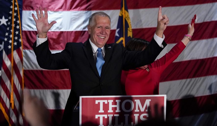 Sen. Thom Tillis, R-N.C., celebrates at a election night rally Tuesday, Nov. 3, 2020, in Mooresville, N.C. (AP Photo/Chris Carlson)