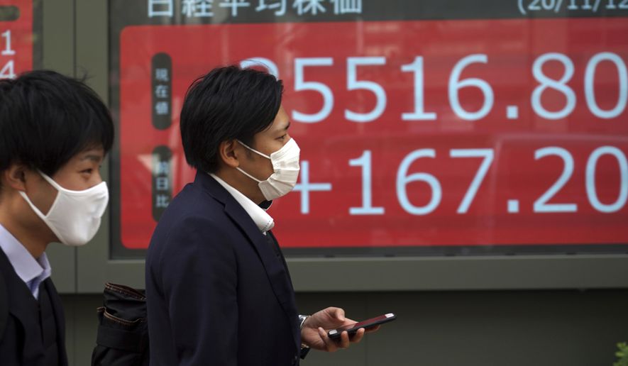 People walk past an electronic stock board showing Japan&#39;s Nikkei 225 index at a securities firm in Tokyo Thursday, Nov. 12, 2020. Stocks fell back across Asia on Thursday after gains for big technology shares pushed most Wall Street benchmarks higher. (AP Photo/Eugene Hoshiko)