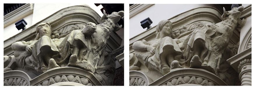 This combo pictures shows a sculpture before (right) and after being restored (left) on the exterior of an ornate office building in the city of Palencia, Spain, Wednesday, Nov. 11, 2020. Restoration work on a sculpture in northern Spain has resurrected memories of a restored Christ fresco in another Spanish city eight years ago that drew ridicule as well as tourists. (AP Photo/Alberto Calleja -left image- & Agencia ICAL -right image-)