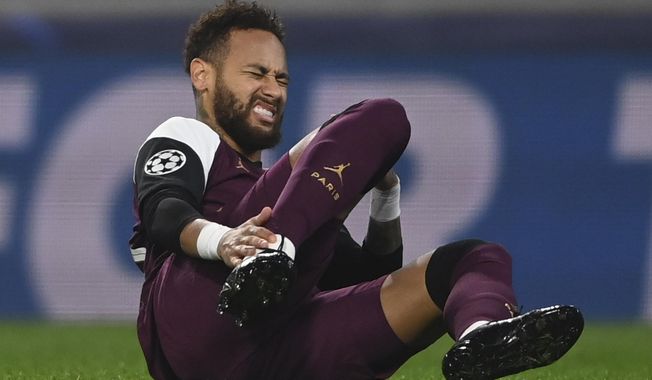 PSG&#x27;s Neymar reacts after he was blocked during the Champions League group H soccer match between Basaksehir and PSG in Istanbul, Wednesday, Oct. 28, 2020. (Ozan Kose/Pool via AP)