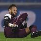 PSG&#39;s Neymar reacts after he was blocked during the Champions League group H soccer match between Basaksehir and PSG in Istanbul, Wednesday, Oct. 28, 2020. (Ozan Kose/Pool via AP)