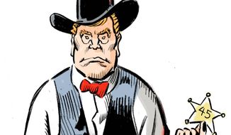 Illustration of Trump as the sheriff in’High Noon’ by Alexander Hunter/The Washington Times