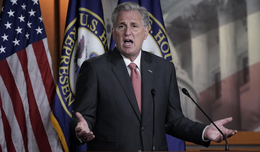 House Minority Leader Kevin McCarthy, R-Calif., talks about House Republicans and the election, during a news conference on Capitol Hill in Washington, Thursday, Nov. 12, 2020. (AP Photo/J. Scott Applewhite)