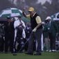 Jack Nicklaus waves after hitting a ceremonial first ball before the first round of the Masters golf tournament Thursday, Nov. 12, 2020, in Augusta, Ga. (AP Photo/David J. Phillip)