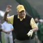 Honorary starter Jack Nicklaus reacts after hitting on the first tee to start the first round of the Masters golf tournament Thursday, Nov. 12, 2020, in Augusta, Ga.  (Curtis Compton/Atlanta Journal-Constitution via AP)