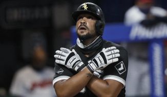 FILE - In this July 28, 2020, file photo, Chicago White Sox&#39;s Jose Abreu looks up after hitting a solo home run in the sixth inning in the second baseball game of the team&#39;s doubleheader against the Cleveland Indians in Cleveland. Abreu won the AL MVP prize Thursday, Nov. 12, a reward for powering his team back into the playoffs for the first time since 2008. (AP Photo/Tony Dejak, File)