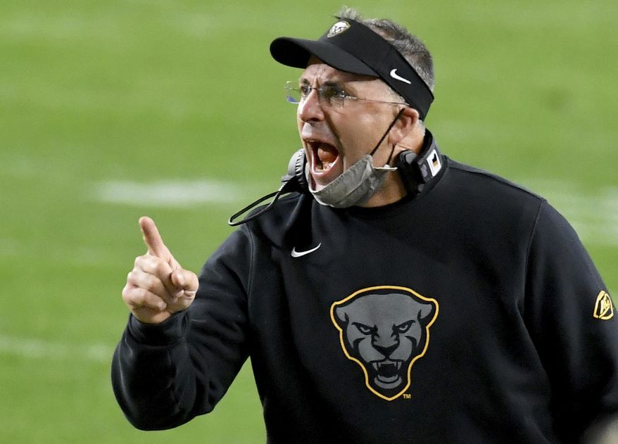 Pitt head coach Pat Narduzzi argues a call as his team takes on Notre Dame in the second half of an NCAA college football game Saturday, Oct. 24, 2020, in Pittsburgh. (Matt Freed/Pittsburgh Post-Gazette via AP)