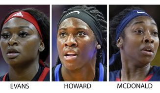 FILE  - These are 2019 and 2020 file photos showing, from left: Aliyah Boston, Dana Evans, Rhyne Howard, Aari McDonald and Michaela Onyenwere. Rhyne Howard is rewriting the record books at Kentucky and she&#39;s only a junior. Now the Wildcats star is the first player from the school to be honored as a preseason All-American by The Associated Press. Howard was a unanimous choice from the 30-member national media panel Thursday, Nov. 12, 2020. She was joined on the five-person team by sophomore Aliyah Boston of South Carolina, who was also a unanimous pick. Seniors Dana Evans of Louisville, Aari McDonald of Arizona and Michaela Onyenwere of UCLA. (AP Photo/File)