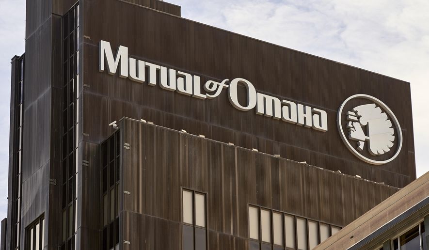 FILE - In this Friday, July 17, 2020 file photo, the Mutual of Omaha logo is seen at the company&#39;s corporate headquarters in Omaha, Neb. The insurance company  has announced, Thursday, Nov. 12,  a new logo without the depiction of a Native American chief. (AP Photo/Nati Harnik, File)