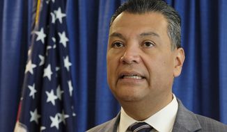 FILE - In this Nov. 2, 2018, file photo, California Secretary of State Alex Padilla speaks in San Francisco. Election Day is over but California already is consumed with its next high-profile political contest the competition to fill Kamala Harris&#39; soon-to-be-vacant U.S. Senate seat. Padilla is one of a group of people being considered as one of the candidates for the Senate pick. (AP Photo/Eric Risberg, File)