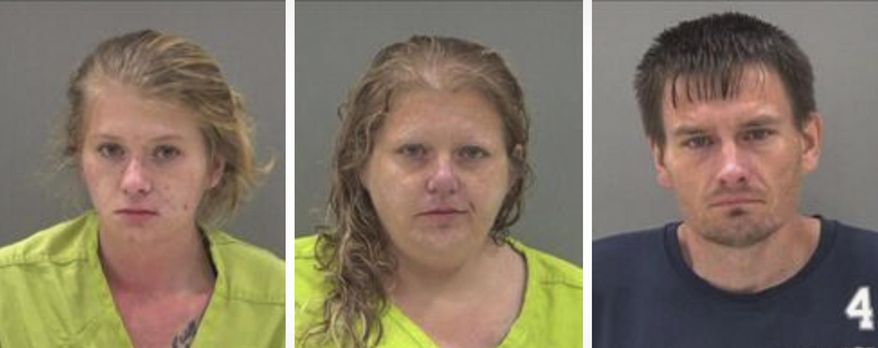 In this combination photo provided by the San Angelo, Texas police department, from left, Destiney Harbour, Christin Bradley and Dustin Smock are pictured in booking photos dated Nov. 7, 2020. Harbour, Bradley and Smock have been charged with First Degree Felony Injury to a Child - Serious Bodily Injury in connection with a baby found with injection marks and testing positive for heroin. (San Angelo Texas Police Department via AP).