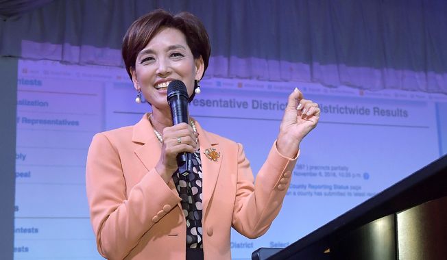 In this Nov. 6, 2018, file photo, Young Kim, then a Republican candidate for the 39th Congressional District in California, speaks to supporters in the Rowland Heights section of Los Angeles. This year, Kim narrowly defeated Democratic Rep. Gil Cisneros in a Southern California district the GOP lost two years ago. Kim, a former state legislator, won her rematch with Cisneros and gave Republicans their second House victory over a Democratic incumbent in Orange County this election. (AP Photo/Mark J. Terrill, File)