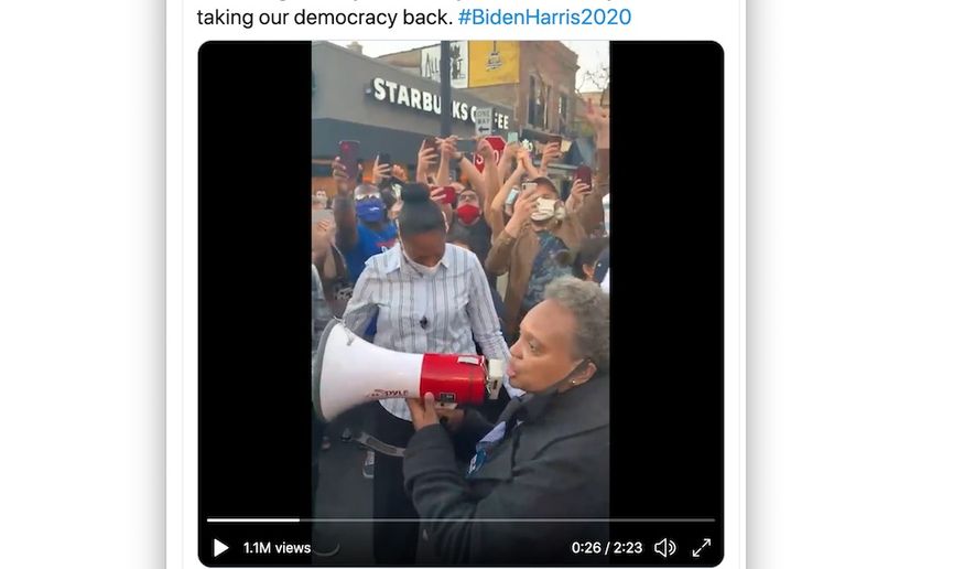 Chicago Mayor Lori Lightfoot celebrates former Vice President Joseph R. Biden&#39;s 2020 election performance with a crowd in a video posted to her Twitter timeline Nov. 7, 2020. (Image: Twitter, Lori Lightfoot, full-tweet screenshot) 