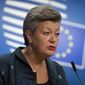 European Commissioner for Home Affairs Ylva Johansson speaks during a media conference after a meeting of EU interior ministers at the European Council building in Brussels, Friday, Nov. 13, 2020. (AP Photo/Virginia Mayo, Pool)