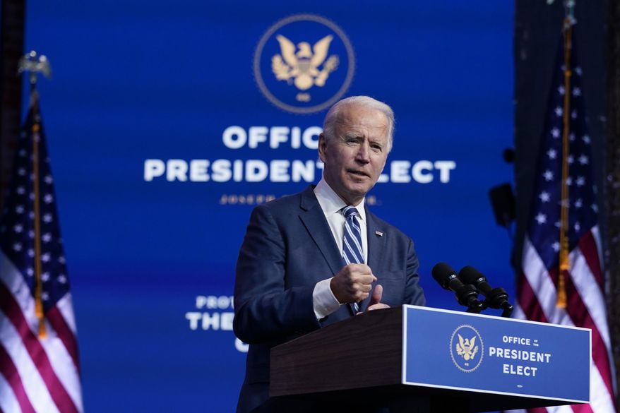 President-elect Joe Biden speaks at The Queen theater, Tuesday, Nov. 10, 2020, in Wilmington, Del. (AP Photo/Carolyn Kaster)
