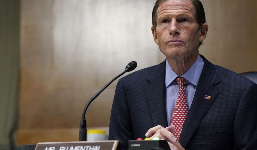 FILE- In this Nov. 10, 2020 file photo, Sen. Richard Blumenthal, D-Conn., speaks during a Senate Judiciary Committee hearing on Capitol Hill in Washington. Blumenthal and Connecticut Sen. Chris Murphy will be self-isolating after a member of Connecticut Gov. Ned Lamont&#x27;s staff tested positive for COVID-19. Both tweeted on Saturday, Nov. 14, 2020, that they had not had close contact with the staffer but were taking the step out of an abundance of caution. (AP Photo/Susan Walsh, Pool, File)