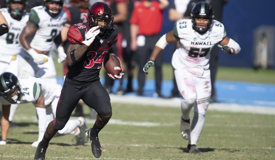 San Diego State running back Greg Bell, left, sprints for a touchdown during the first half of an NCAA college football game against Hawaii Saturday, Nov. 14, 2020, in Carson, Calif. (AP Photo/Kyusung Gong)