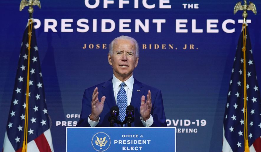 Already billed as &quot;President-elect Joe Biden,&quot; Joseph R. Biden speaks at The Queen theater on Nov. 9 in Wilmington, Delaware. (Associated Press)