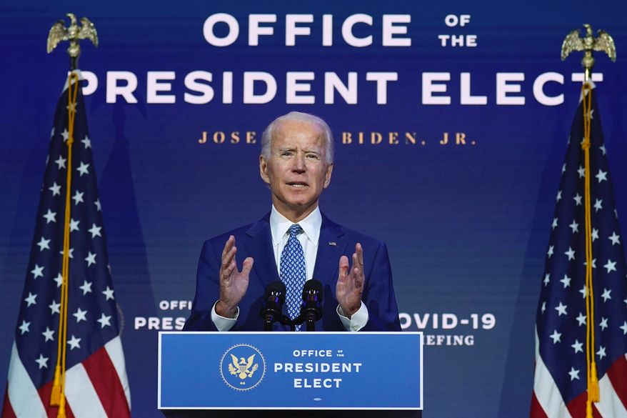 Already billed as "President-elect Joe Biden," Joseph R. Biden speaks at The Queen theater on Nov. 9 in Wilmington, Delaware. (Associated Press)