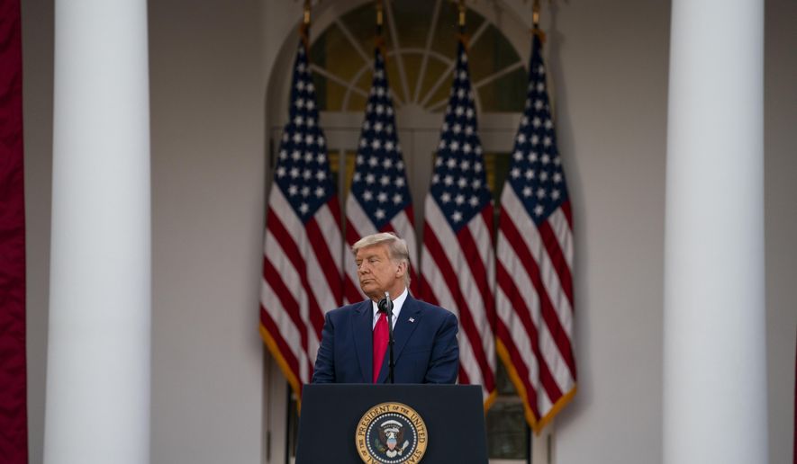 President Donald Trump speaks in the Rose Garden of the White House, Friday, Nov. 13, 2020, in Washington. (AP Photo/Evan Vucci)