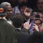 FILE - In this Feb. 8, 2017 file photo, former New York Knicks player Charles Oakley exchanges words with a security guard during the first half of an NBA basketball game between the New York Knicks and the LA Clippers, in New York&#39;s Madison Square Garden. A jury can decide whether former New York Knicks star  Oakley was ejected from Madison Square Garden with excessive force when he was removed as a spectator to a 2017 game, an appeals court ruled Monday. (AP Photo/Frank Franklin II, File)