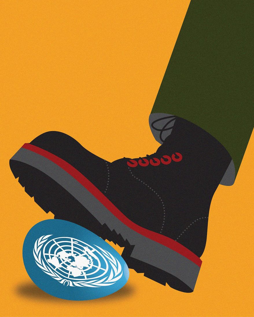 Illustration on assaults on the world order by Linas Garsys/The Washington Times