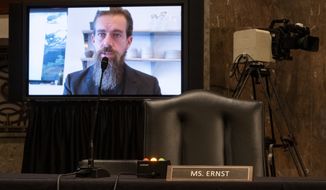 Twitter CEO Jack Dorsey testifies remotely during a Senate Judiciary Committee hearing on Facebook and Twitter&#39;s actions around the closely contested election on Tuesday, Nov. 17, 2020, in Washington. (Bill Clark/Pool via AP)