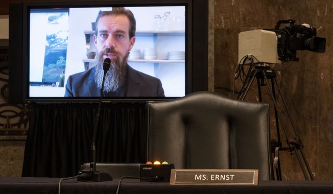 Twitter CEO Jack Dorsey testifies remotely during a Senate Judiciary Committee hearing on Facebook and Twitter&#x27;s actions around the closely contested election on Tuesday, Nov. 17, 2020, in Washington. (Bill Clark/Pool via AP)