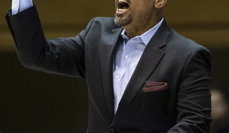 FILE - In this Nov. 15, 2019, file photo, Georgia State head coach Rob Lanier shouts to his team during an NCAA college basketball game against Duke in Durham, N.C. Georgia Tech and Georgia State announced Wednesday, May 13, 2020, that the city rivals will play a three-game men's basketball series beginning in December, their first match-up during the regular season since 2008. The Atlanta schools are only about three miles apart. (AP Photo/Ben McKeown, File)