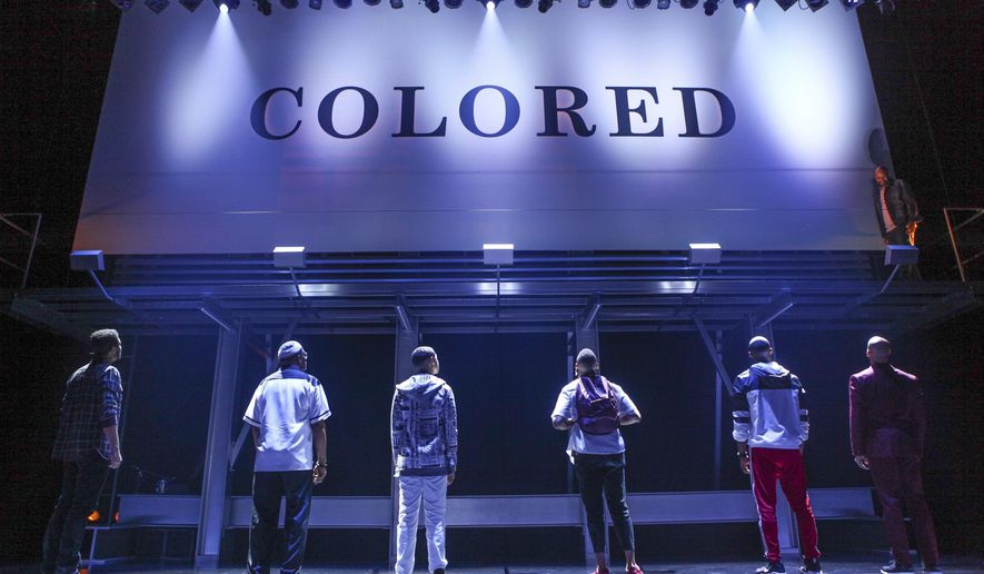 This image released by O+M/DKC shows a scene from the production of  Keenan Scott II&#39;s play “Thoughts of a Colored Man,” a work about the outer and inner lives of Black men. The play will be produced on Broadway when the new season starts. (Michael Davis/O+M/DKC via AP)