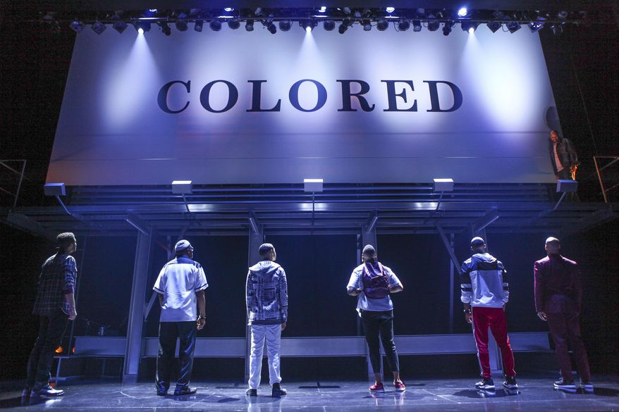 This image released by O+M/DKC shows a scene from the production of  Keenan Scott II&#39;s play “Thoughts of a Colored Man,” a work about the outer and inner lives of Black men. The play will be produced on Broadway when the new season starts. (Michael Davis/O+M/DKC via AP)