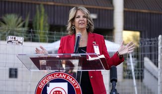 Dr. Kelli Ward, chair of the Arizona Republican Party, holds a press conference at the Maricopa County Elections Department as she reports the progress of the a post-election logic and accuracy test for the general election as an observer of the test process Wednesday, Nov. 18, 2020, in Phoenix. (AP Photo/Ross D. Franklin) ** FILE **