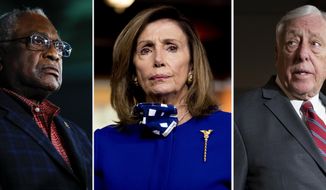 This combination of file photos shows from left, Rep. James Clyburn, D-S.C. on Feb. 29, 2020, in Columbia, S.C., House Speaker Nancy Pelosi of Calif., on July 24, 2020, in Washington and House Majority Leader Steny Hoyer, D-Md., on March 3, 2020, in Washington. Hoyer and No. 3 party leader Clyburn, Congress’ highest ranking Black member, were reelected to their positions, like Pelosi without opposition on Wednesday, Nov. 18, 2020. (AP Photo)