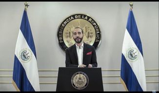In this image take from UNTV video, Nayib Armando Bukele, President of El Salvador, speaks in a pre-recorded video message during the 75th session of the United Nations General Assembly, Tuesday, Sept. 29, 2020, at U.N. headquarters in New York. (UNTV via AP)