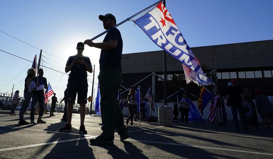 Supporters of President Donald Trump rally outside the Maricopa County Elections Department as the agency conducts a post-election logic and accuracy test for the general election Wednesday, Nov. 18, 2020, in Phoenix. (AP Photo/Ross D. Franklin)