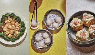 This combination photo shows recipes for walnut shrimp, from left, har gow shrimp dumplings and siu mai dumplings, featured in “The Nom Wah Cookbook: Recipes and Stories from 100 Years at New York City&#39;s Iconic Dim Sum Restaurant,&amp;quot; by Wilson Tang. (Alex Lau/Ecco via AP)