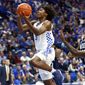 FILE - In this Friday, Nov. 22, 2019 file photo, Kentucky&#39;s Tyrese Maxey, left, shoots near Mount St. Mary&#39;s Malik Jefferson during the first half of an NCAA college basketball game in Lexington, Ky. The Philadelphia 76ers selected Kentucky guard Tyrese Maxey with the 21st pick of the NBA draft, Wednesday, Nov. 18, 2020, the first selection under the new regime led by president Daryl Morey. (AP Photo/James Crisp, File)
