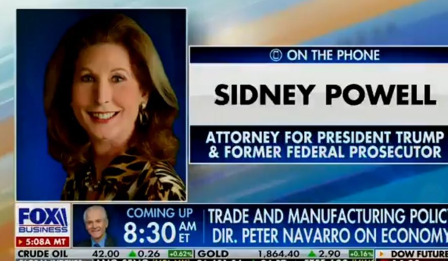 Attorney Sidney Powell speaks with Fox News anchor Maria Bartiromo, Nov. 20, 2020. (Image: Fox Business video screenshot) 