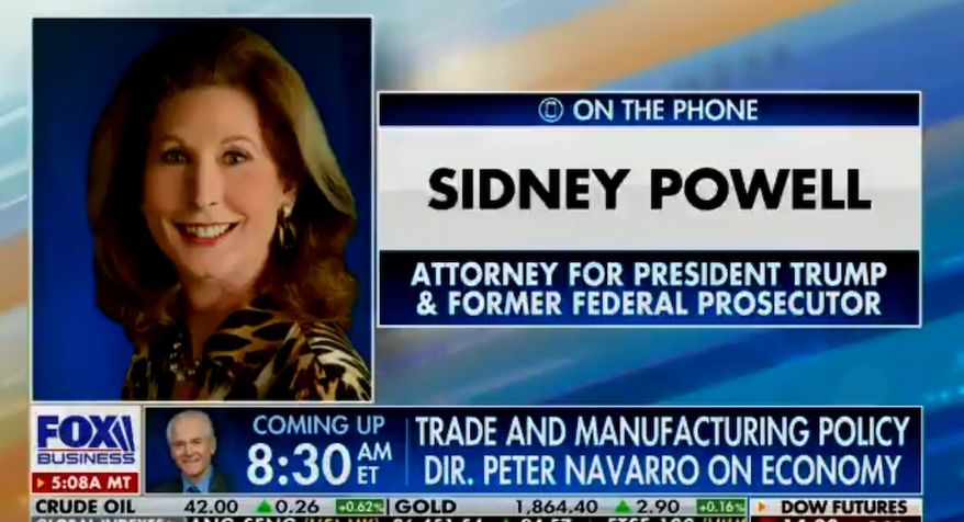 Attorney Sidney Powell speaks with Fox News anchor Maria Bartiromo, Nov. 20, 2020. (Image: Fox Business video screenshot) 