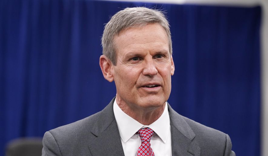 FILE - In this Nov. 10, 2020, file photo, Tennessee Gov. Bill Lee speaks with reporters in Nashville, Tenn. A federal appeals court ruled Friday, Nov. 20, 2020, that Tennessee can begin outlawing abortions because of a prenatal diagnosis of Down syndrome, as well prohibit the procedure if it is based on the race or gender of the fetus. Earlier this year, Lee enacted the so-called “reason bans” as part of a sweeping anti-abortion measure that he signed earlier this year. (AP Photo/Mark Humphrey, File)