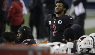Arizona Cardinals quarterback Kyler Murray (1) watches from the sideline during the second half of an NFL football game against the Seattle Seahawks, Thursday, Nov. 19, 2020, in Seattle. (AP Photo/Lindsey Wasson)