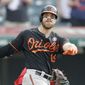 In this May 18, 2019 file photo, Baltimore Orioles&#x27; Chris Davis swings for the final out in the ninth inning of a baseball game against the Cleveland Indians in Cleveland. (AP Photo/Tony Dejak, File) **FILE**