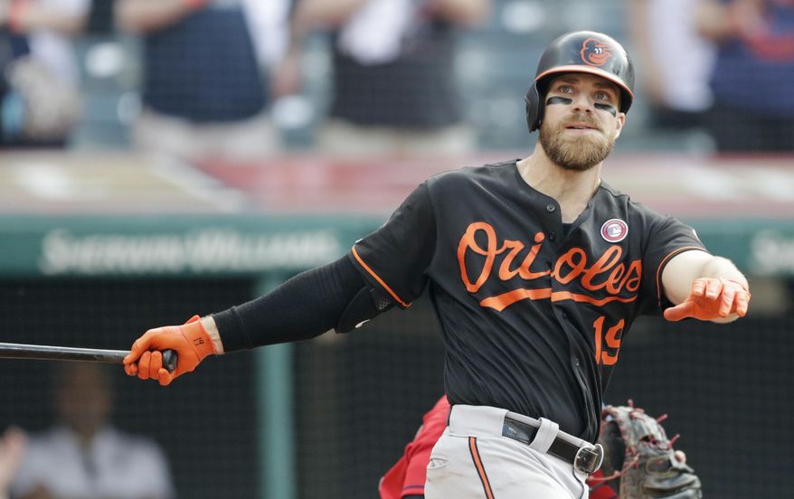 In this May 18, 2019 file photo, Baltimore Orioles&#39; Chris Davis swings for the final out in the ninth inning of a baseball game against the Cleveland Indians in Cleveland. (AP Photo/Tony Dejak, File) **FILE**