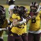 Minnesota linebacker Josh Aune (29) holds the ball after he intercepted a Purdue pass during the second half of an NCAA college football game Friday, Nov. 20, 2020, in Minneapolis. Minnesota won 34-31. (AP Photo/Stacy Bengs)