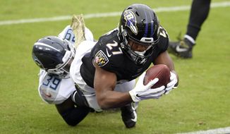 Baltimore Ravens running back J.K. Dobbins (27) dives into the end zone as Tennessee Titans cornerback Breon Borders tries to stop him on a 2-point conversion catch during the first half of an NFL football game, Sunday, Nov. 22, 2020, in Baltimore. (AP Photo/Nick Wass)