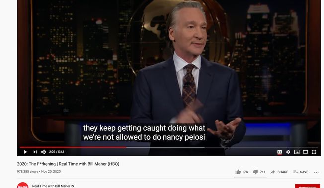 Comedian Bill Maher talks about the coronavirus pandemic and Democrats who get caught breaking their own rules regarding the virus, Nov. 20, 2020. (Image: YouTube, &quot;Real Time with Bill Maher&quot; video screenshot) 