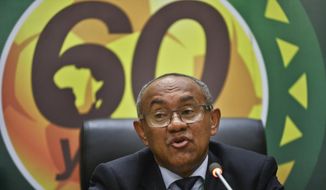 FILE - In this Thursday March 16, 2017 file photo, new president of the African soccer confederation Ahmad of Madagascar, speaks at a press conference after being chosen at the general assembly of the Confederation of African Football (CAF) in Addis Ababa, Ethiopia. On Monday, Nov. 23, 2020 FIFA banned the president of African soccer’s governing body, Ahmad Ahmad, for five years for financial misconduct. (AP Photo/File)