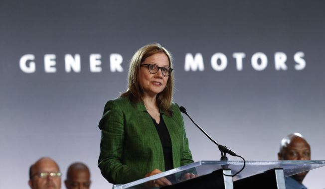 In this July 16, 2019, file photo, General Motors Chairman and Chief Executive Officer Mary Barra speaks during the opening of their contract talks with the United Auto Workers in Detroit.  (AP Photo/Paul Sancya) ** FILE **